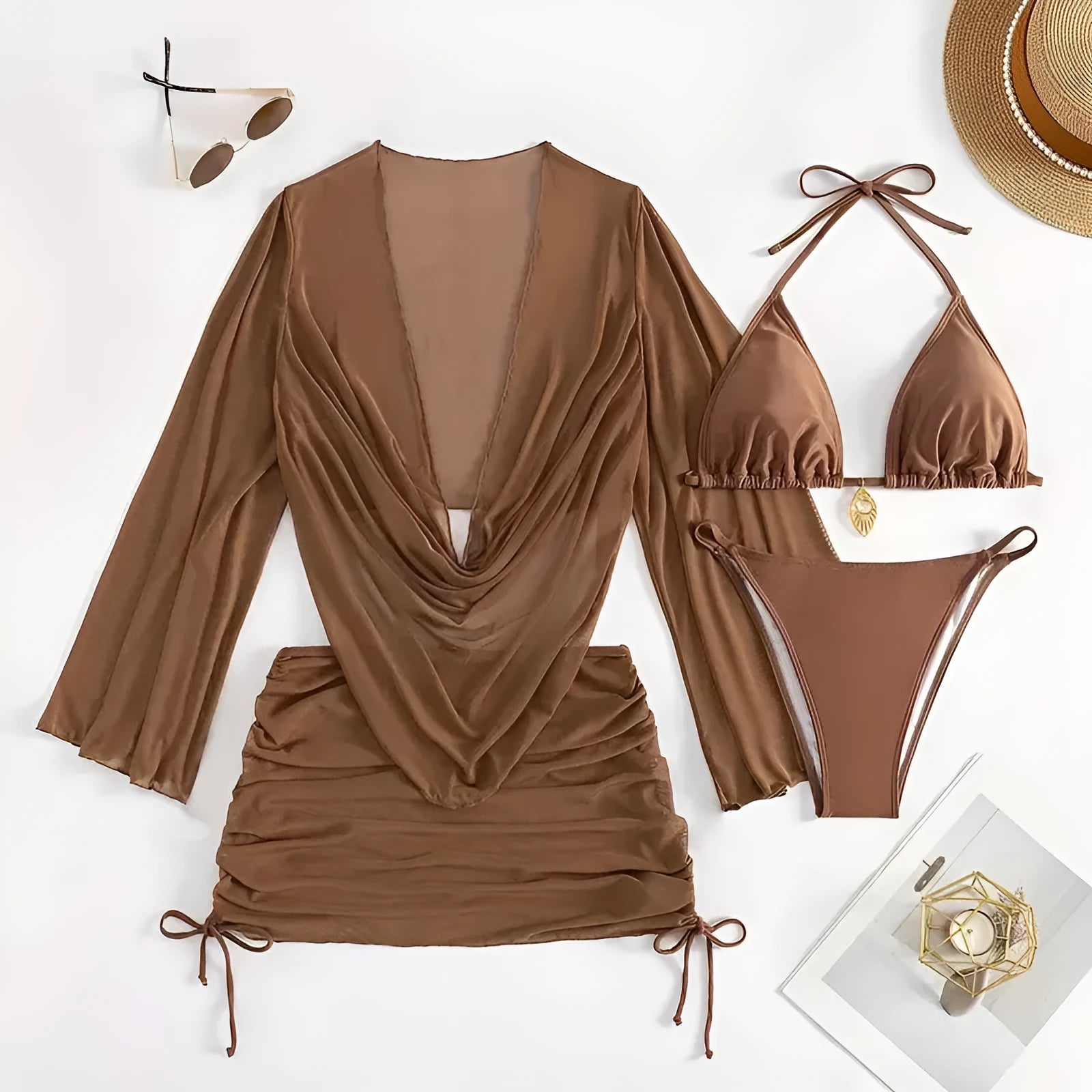 Dark brown lace-up backless women's bikini swimsuit set on a mannequin.