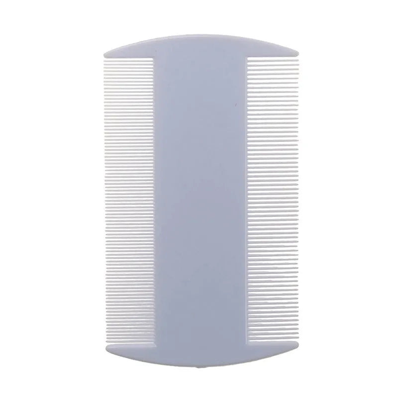 Double-sided fine tooth plastic comb for lice and fleas in various colours on a white background.