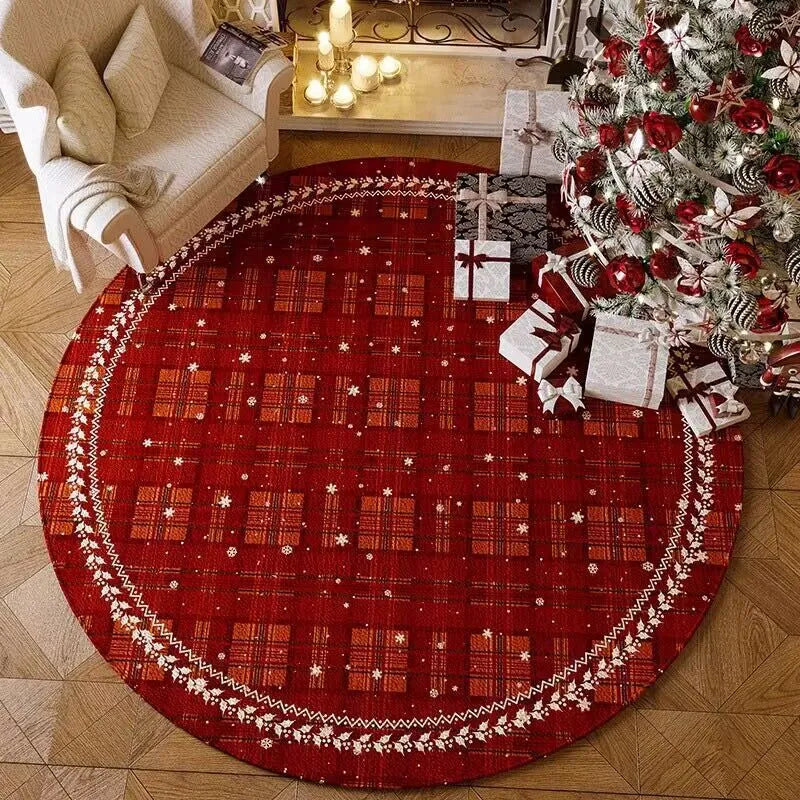Red Christmas round carpet with festive designs on living room floor