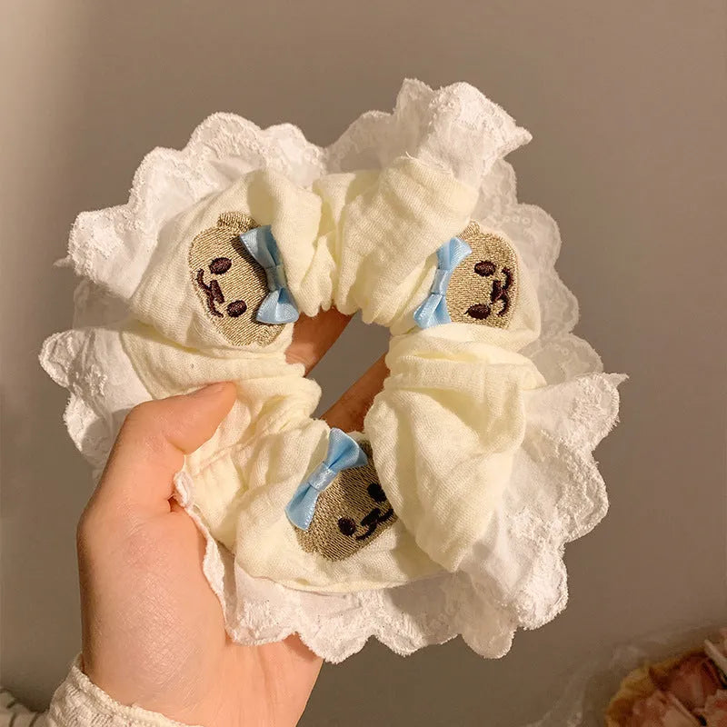 Bear blue bow lace large intestine hair ring elastic cloth scrunchie hair accessory