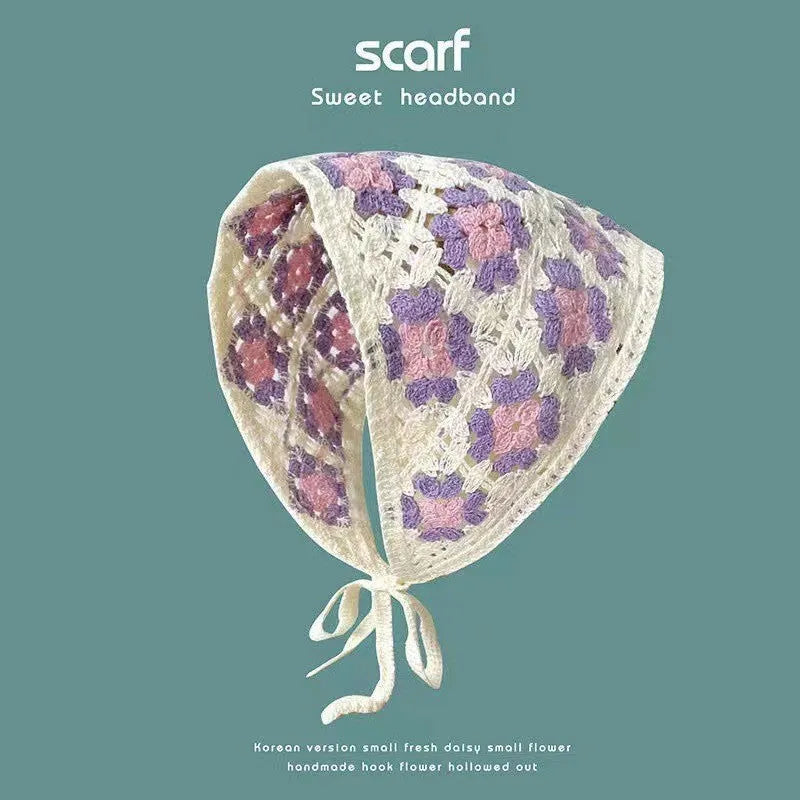 Women's cotton triangular headscarf with floral pattern, shown in beige blue little daisy design.