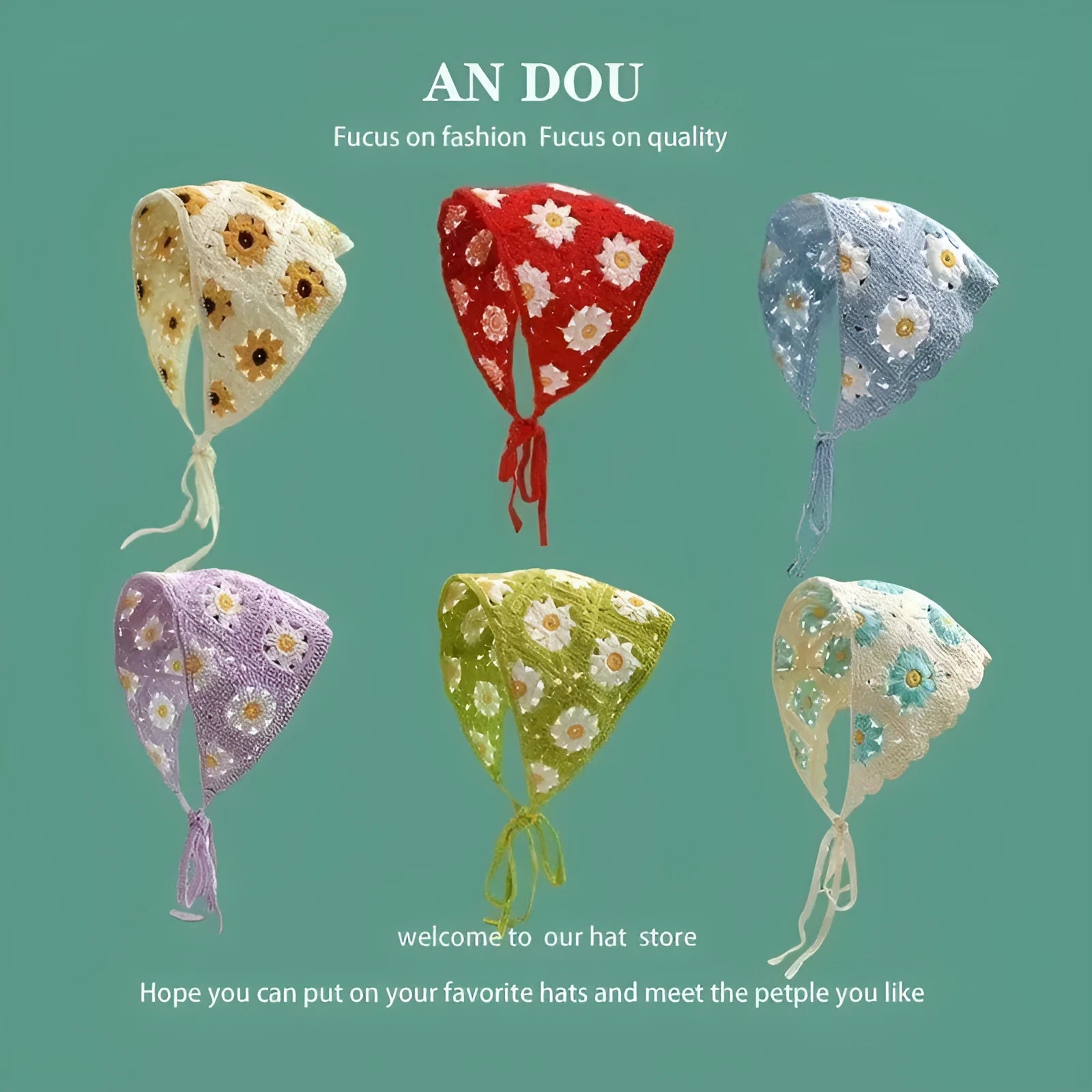 Women's cotton triangular headscarf with floral pattern, shown in beige blue little daisy design.