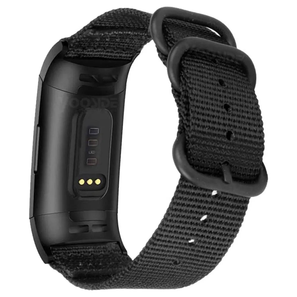 Nylon three-ring buckle replacement strap for Fitbit Charge 3 fitness tracker in multiple colours.