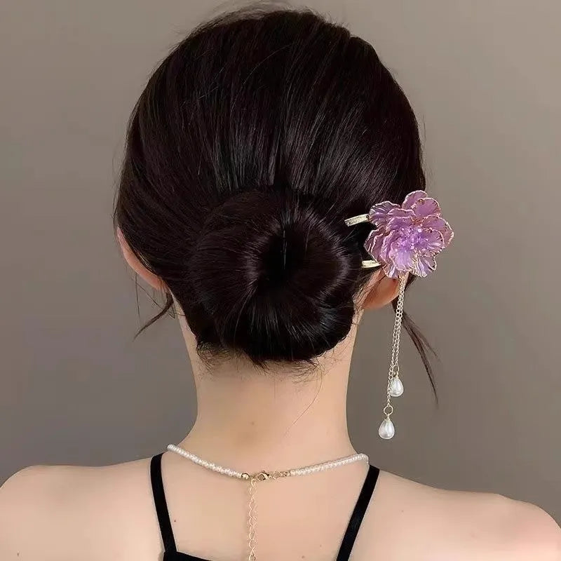 Purple peony flower and tassel decoration on U-shaped alloy hairpin