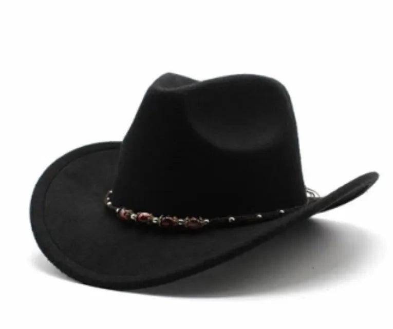 Brown leather velvet western cowboy hat with a curved brim and conical crown on a neutral background.