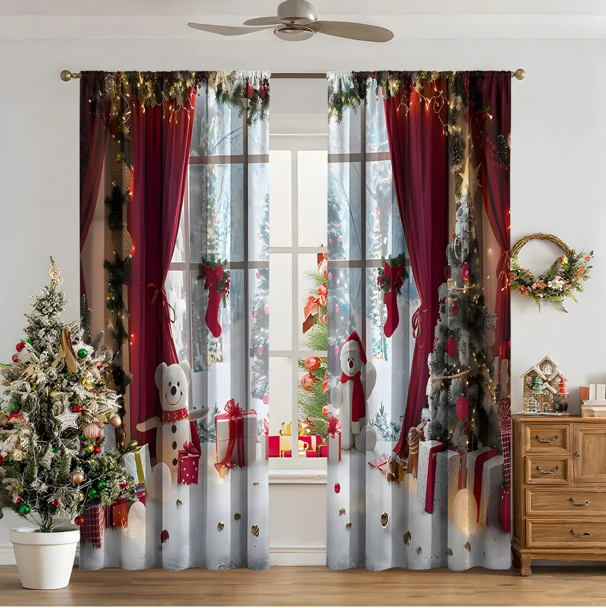 3D digitally printed Christmas curtain panel hanging on a window, showing festive pattern and polyester fabric texture.