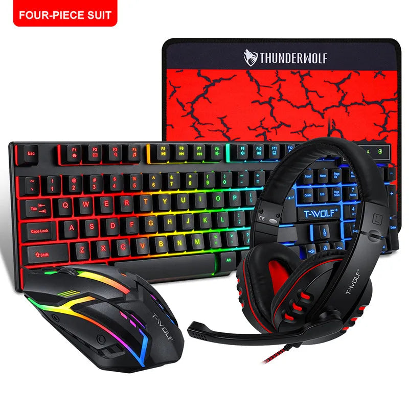 Thunder Wolf T800 gaming keyboard mouse combo set with backlit keys and included headset on mouse pad