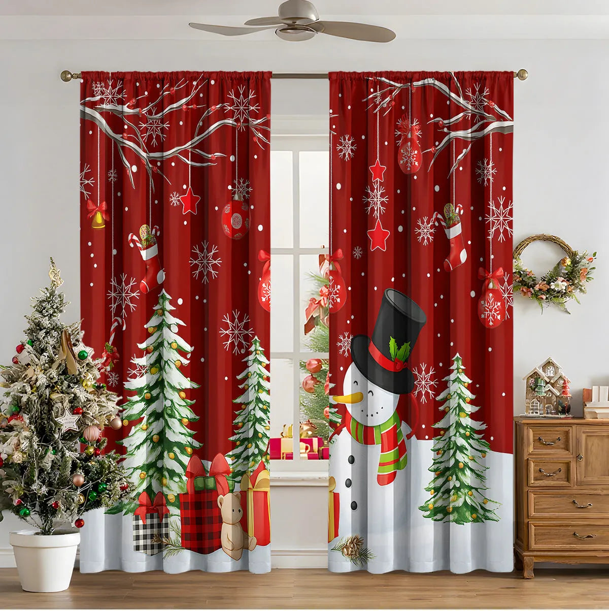 3D digitally printed Christmas curtain panel hanging on a window, showing festive pattern and polyester fabric texture.