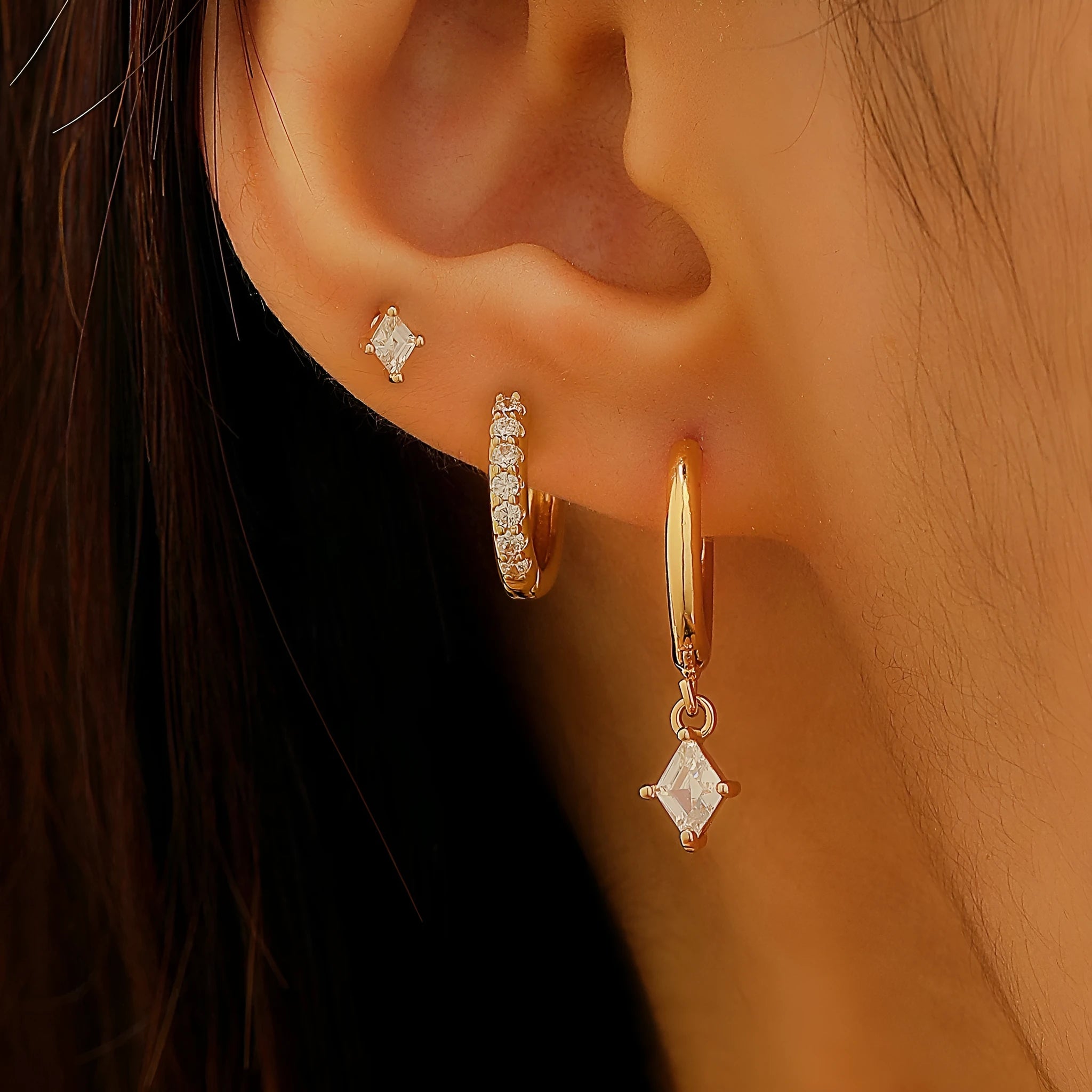 Geometric zircon earring three-piece set with rhombus designs in gold and white copper
