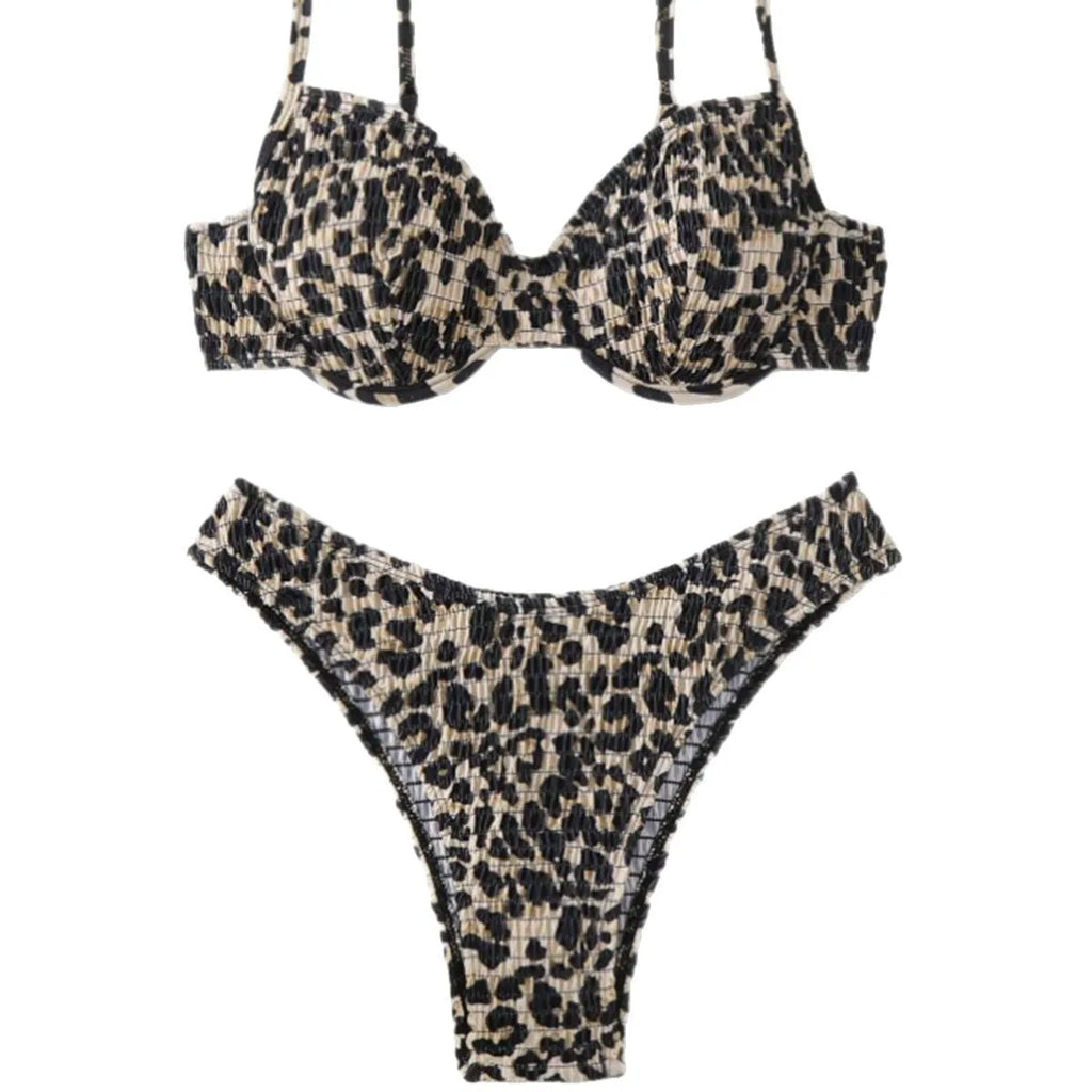 Brown leopard print backless bikini swimsuit for women laid flat.