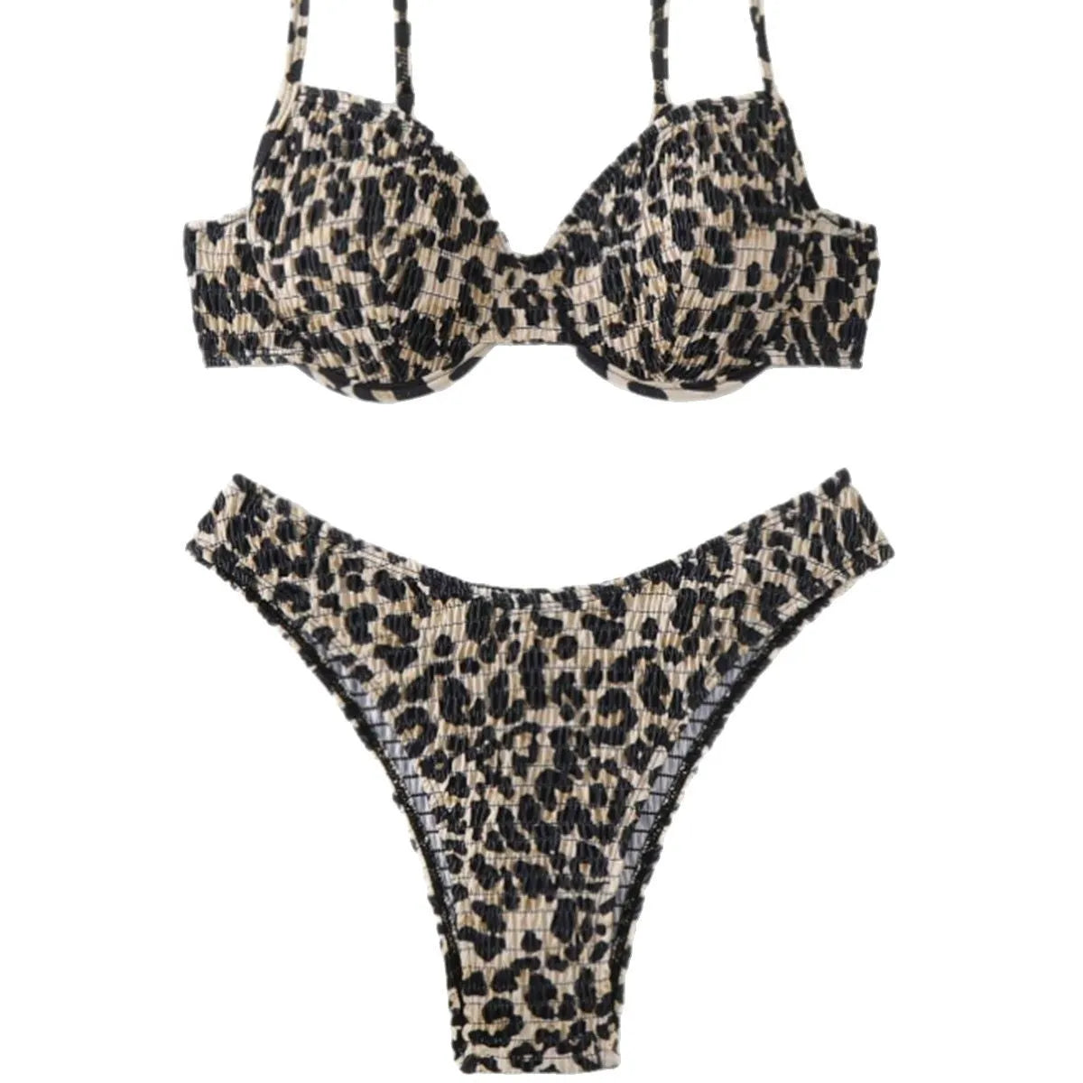 Brown leopard print backless bikini swimsuit for women laid flat.