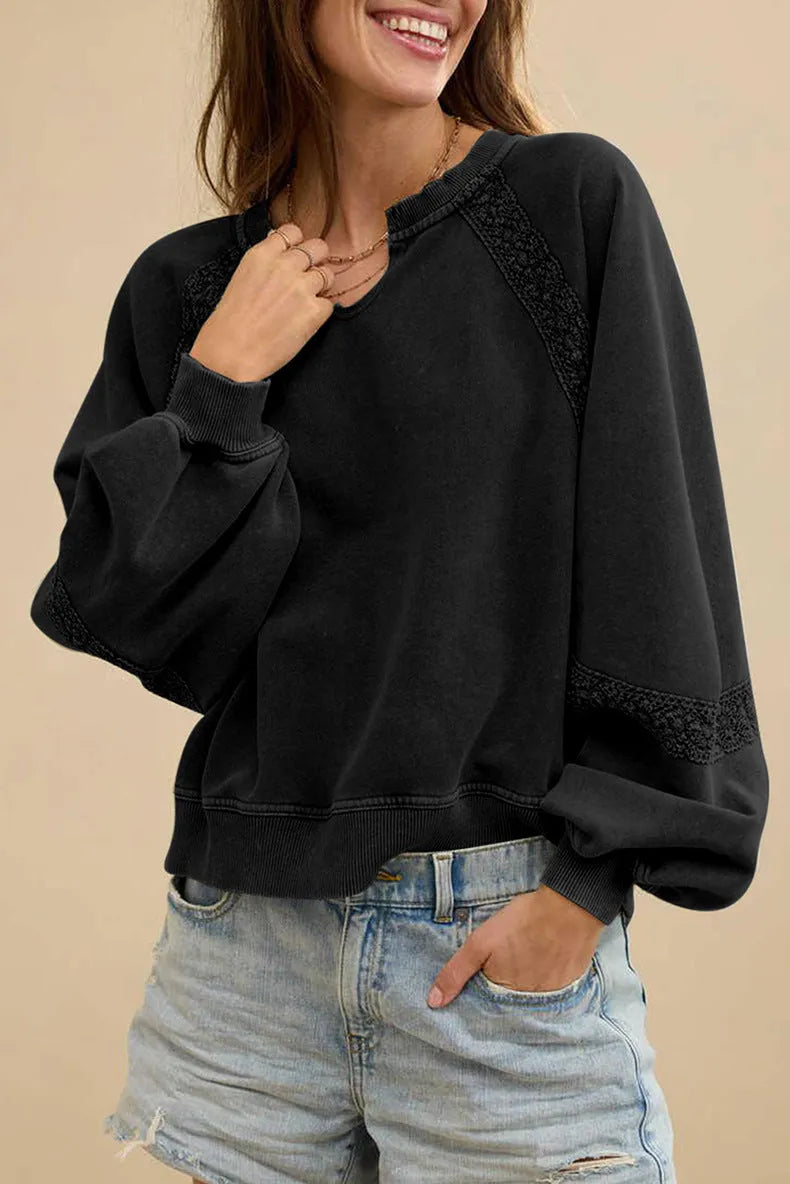 Women's loose fit long sleeve sweater with half-open collar and lace trim in solid colour