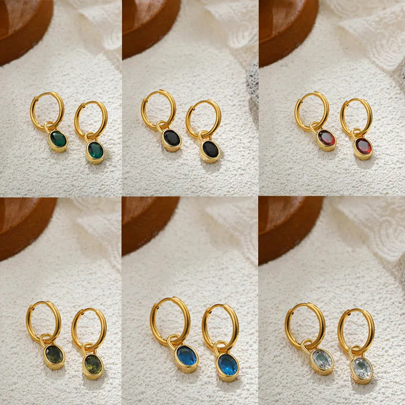 Women's oval zircon earrings in six colours with copper alloy setting and retro styling