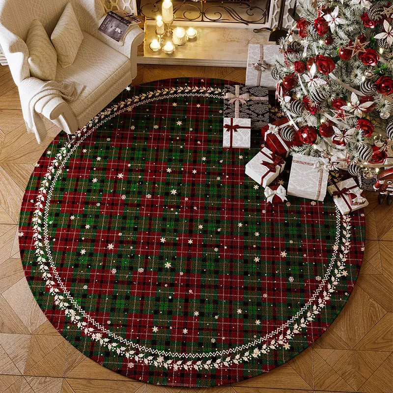 Red Christmas round carpet with festive designs on living room floor