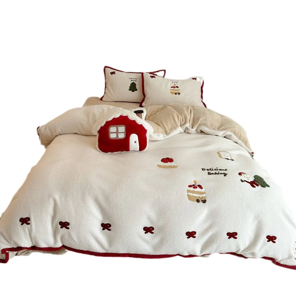 Cartoon winter Christmas bedding four-piece set with Xuefu Milk Pastry pattern, showing duvet cover, sheet, and pillowcases made from polyester.