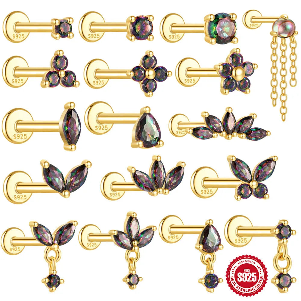 S925 sterling silver flat head thread piercing earring with rainbow stone on geometric setting.