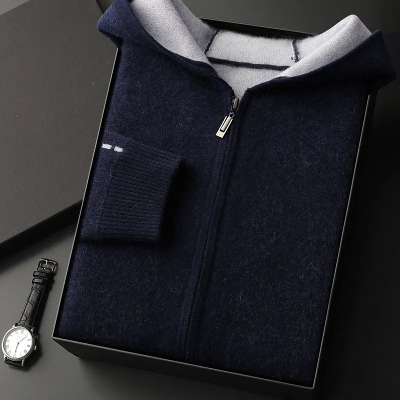 Men's dark blue cashmere cardigan with half-high collar and zip front