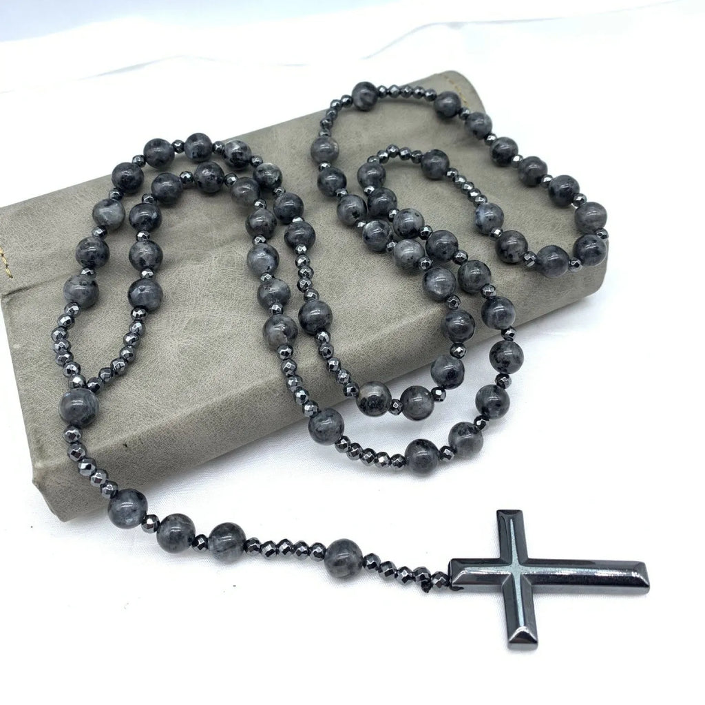 Men's stone geometric cross pendant on an 80cm ball bead chain with safety lock.