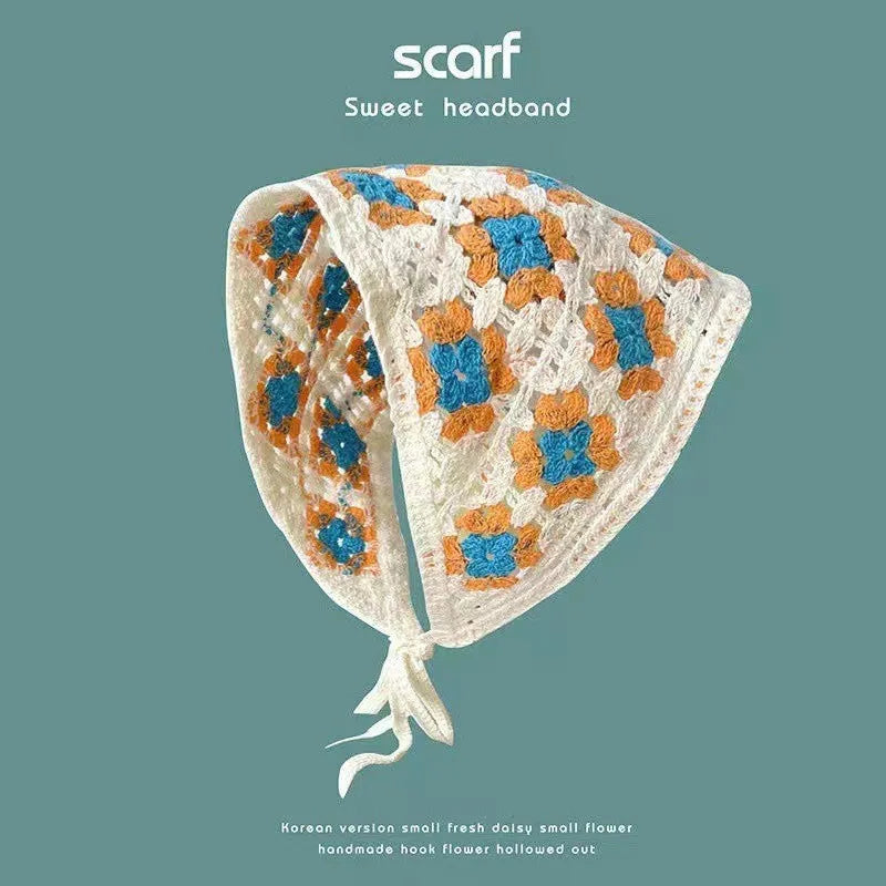 Women's cotton triangular headscarf with floral pattern, shown in beige blue little daisy design.