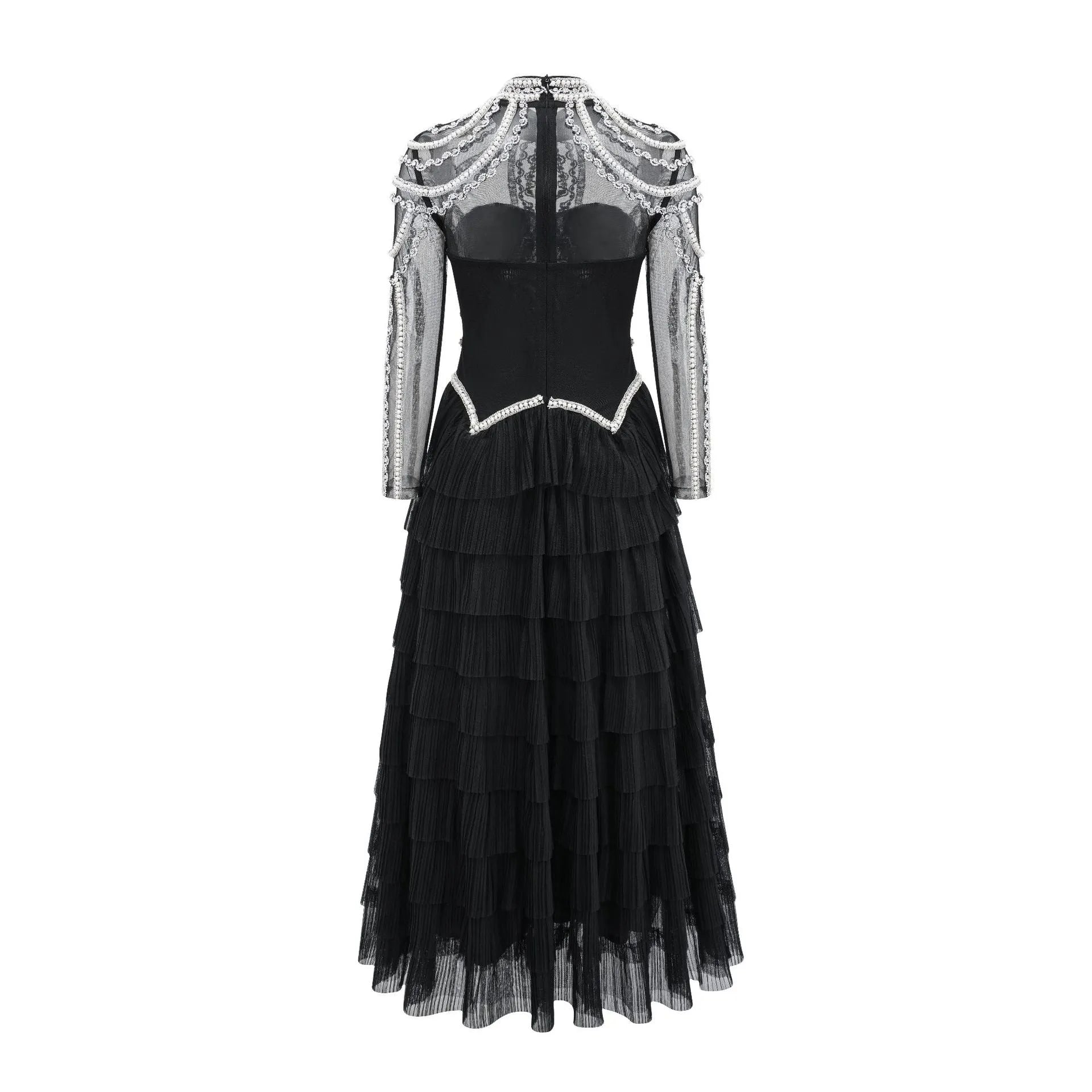 Women's black long sleeve dress with beaded embroidery and a mid waist design.