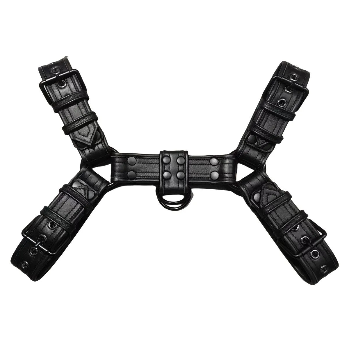 Black leather chest muscle bondage adjustable shoulder strap with metal rivets and buckle hardware