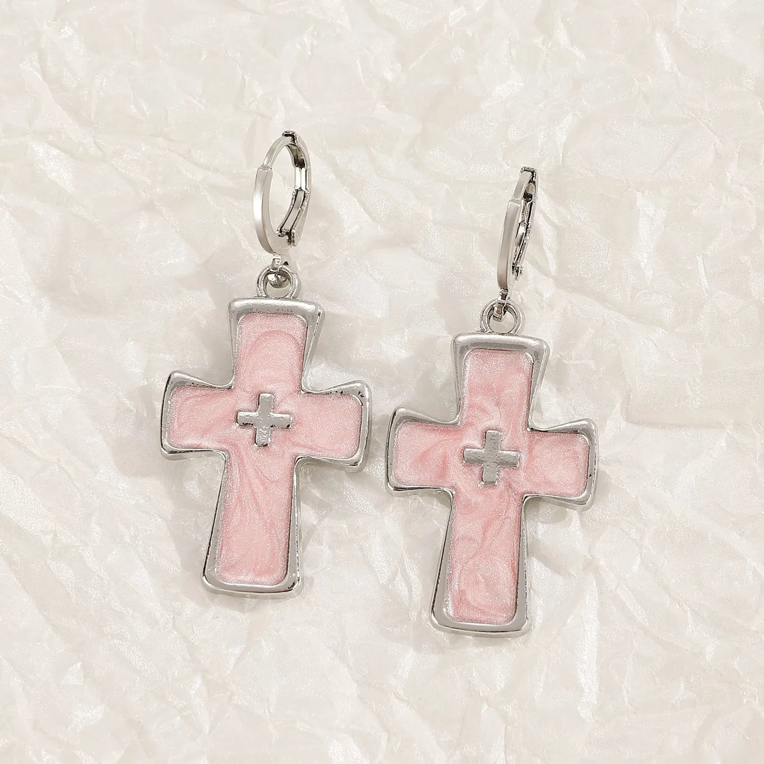 Women's alloy earrings with crystal cross designs in five colour options including white, peach heart, and antique silver