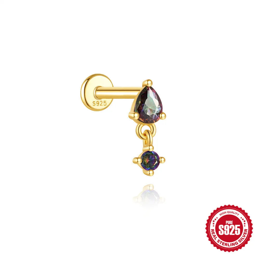 S925 sterling silver flat head thread piercing earring with rainbow stone on geometric setting.