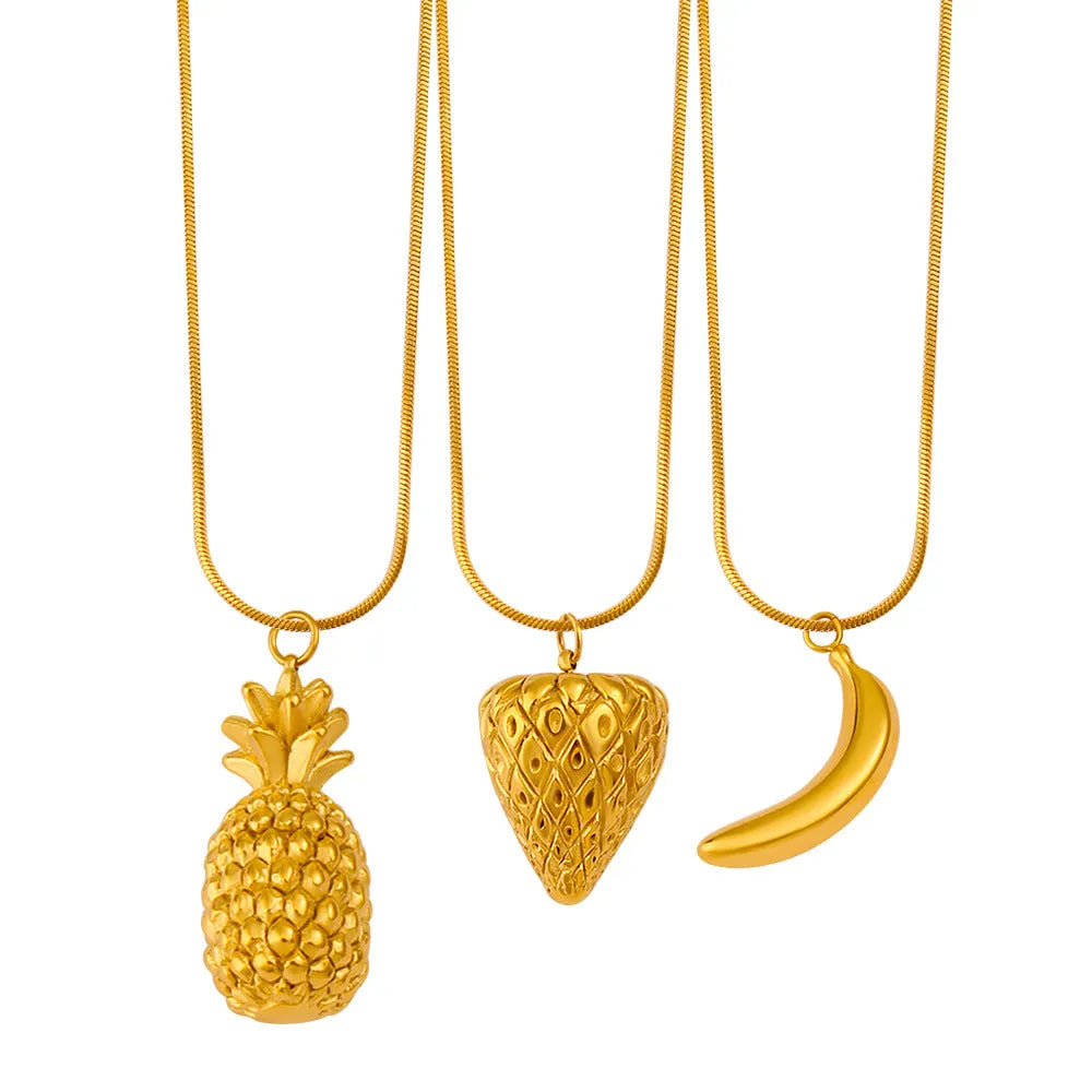 Stainless steel fruit pendant necklace showing colour options apple, grape, watermelon, banana, pineapple, strawberry.