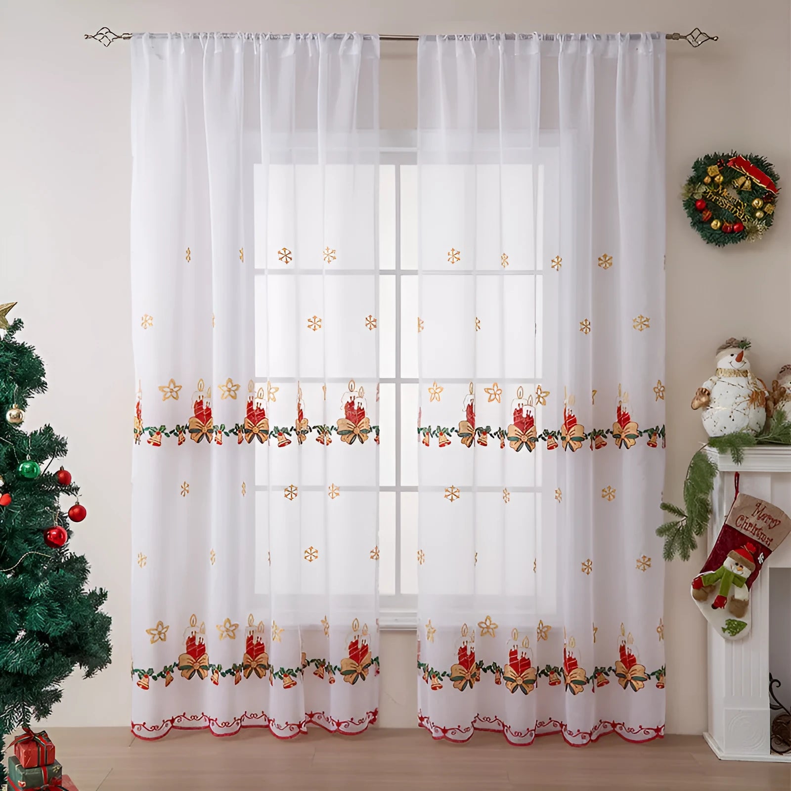 American Christmas snowflake embroidery curtain pair in polyester semi-sunshade fabric