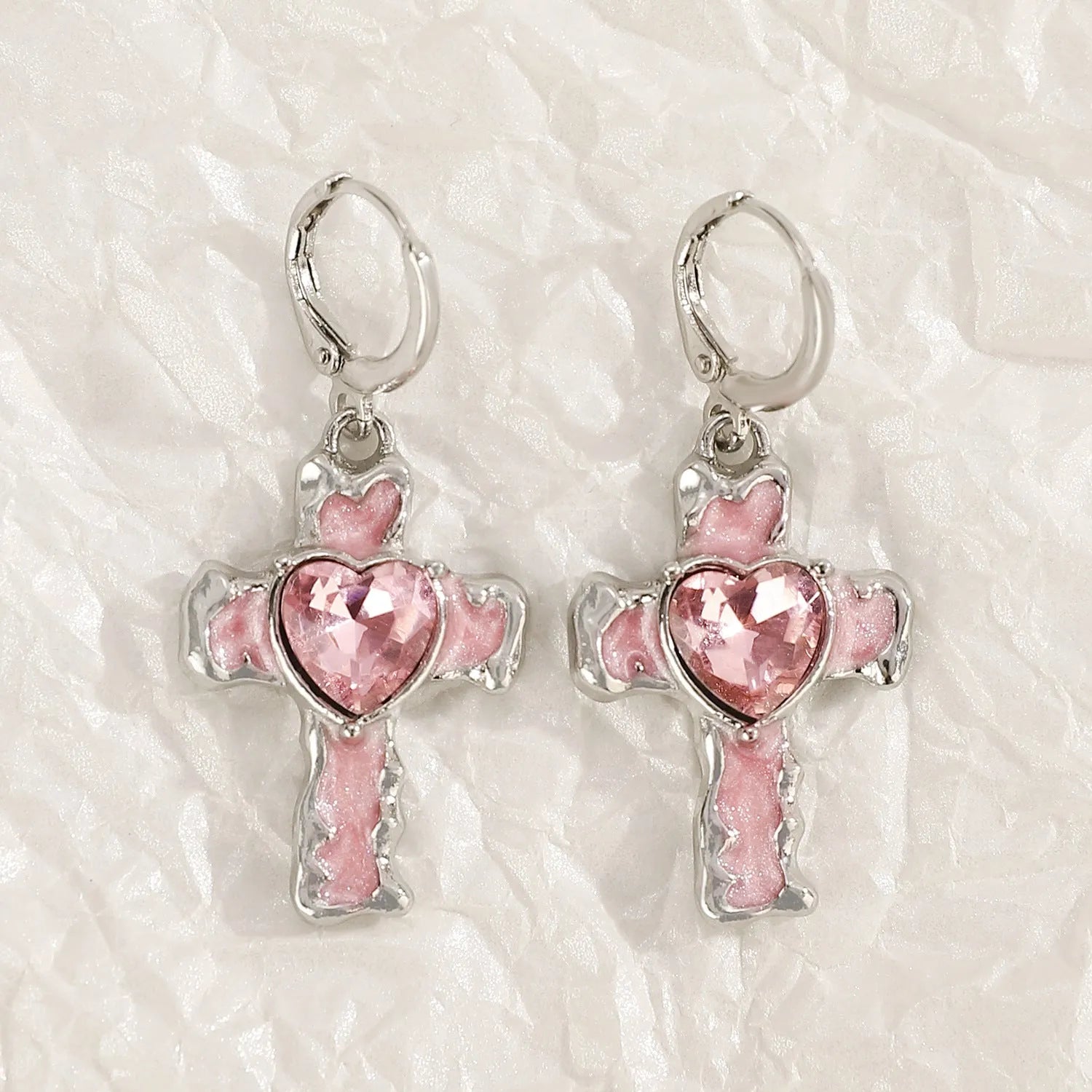 Women's alloy earrings with crystal cross designs in five colour options including white, peach heart, and antique silver