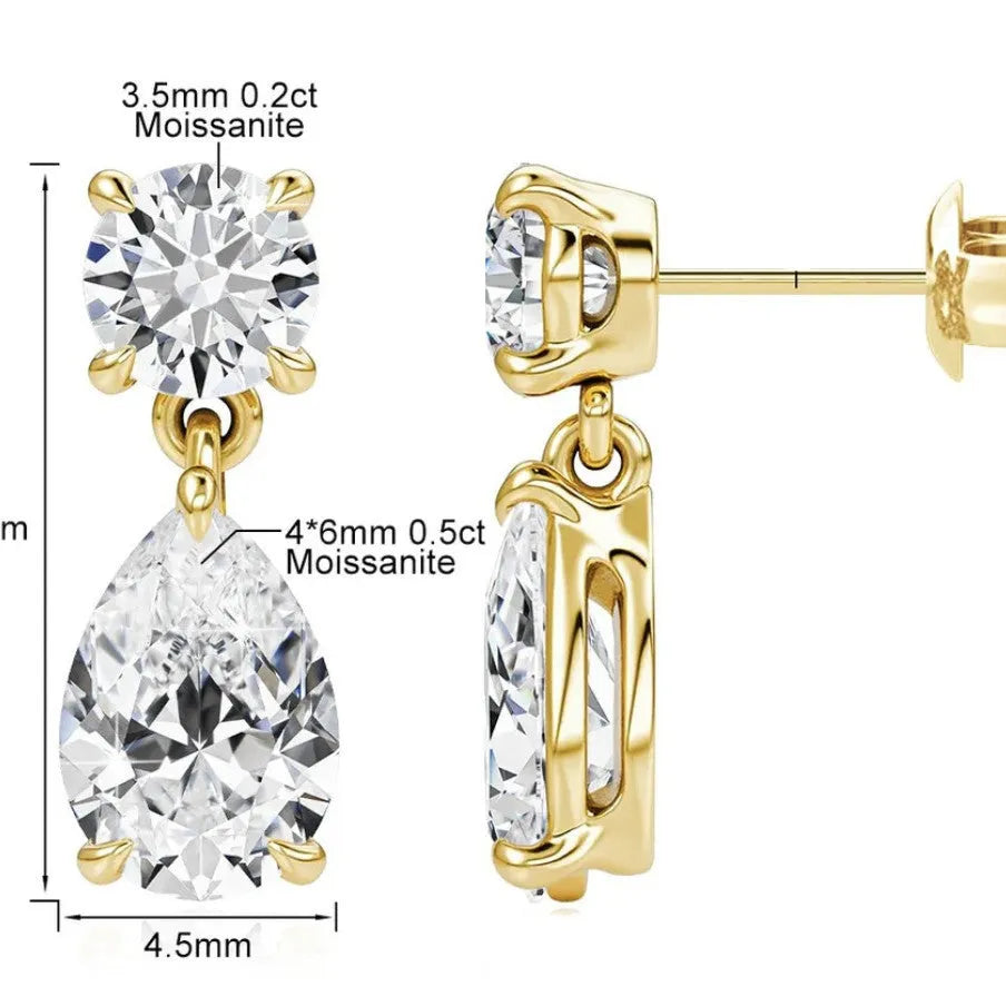 Sterling silver moissanite stud earrings with round and water drop stones in gold or silver plating