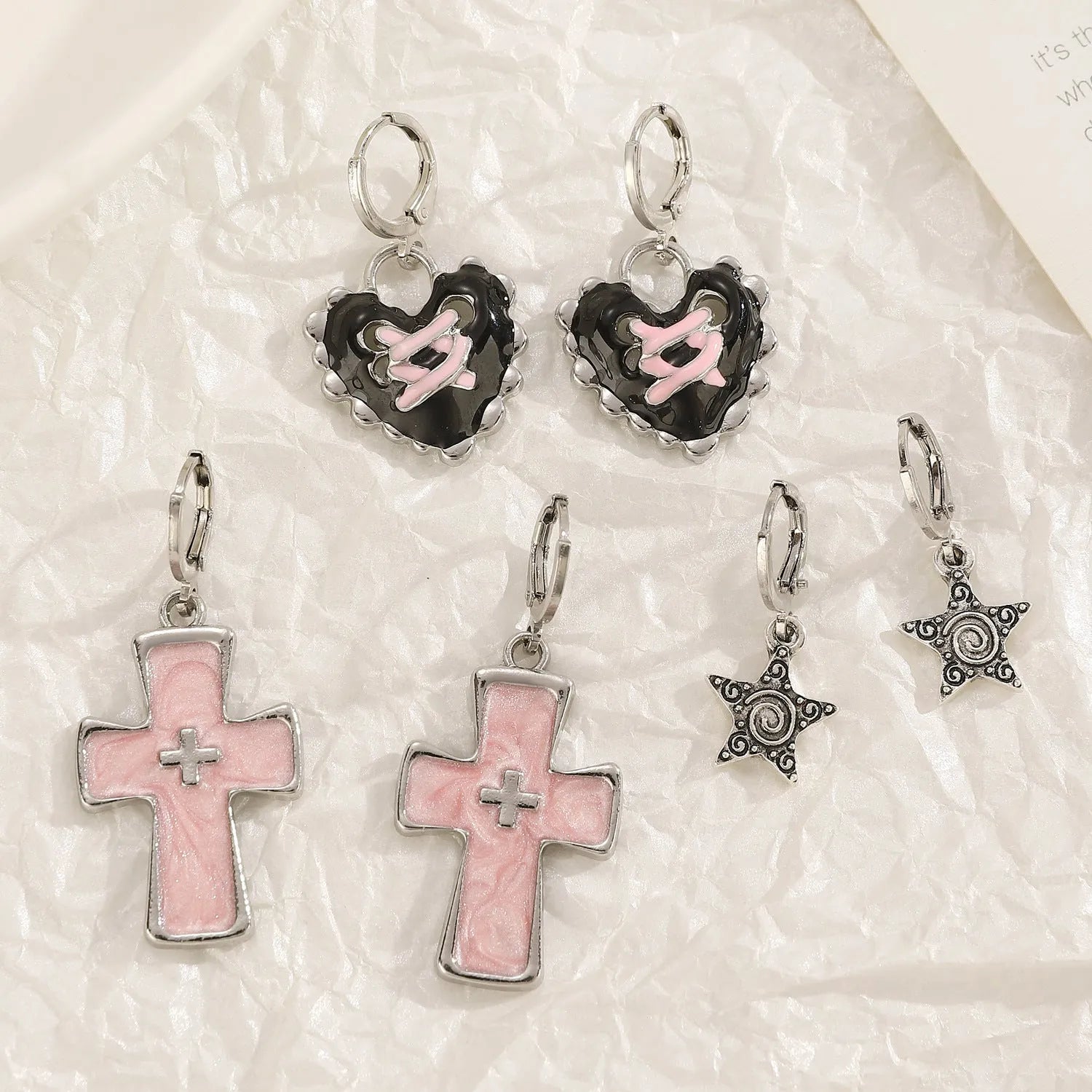 Women's alloy earrings with crystal cross designs in five colour options including white, peach heart, and antique silver