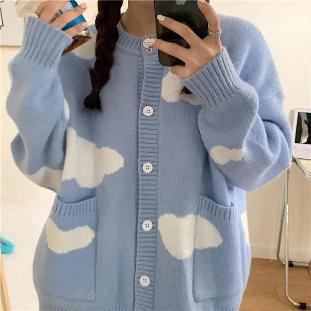 Women's blue cloud pattern spandex cardigan sweater coat with loose fit and regular sleeves