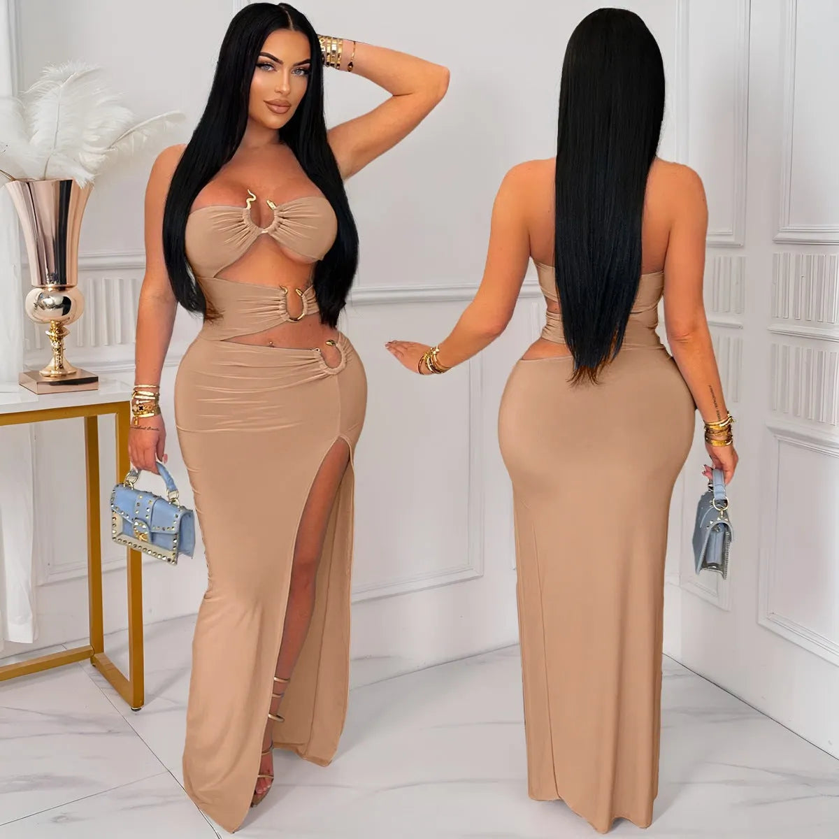 Women's solid colour high slit hip dress with hollow-out eyelet stitching, available in apricot