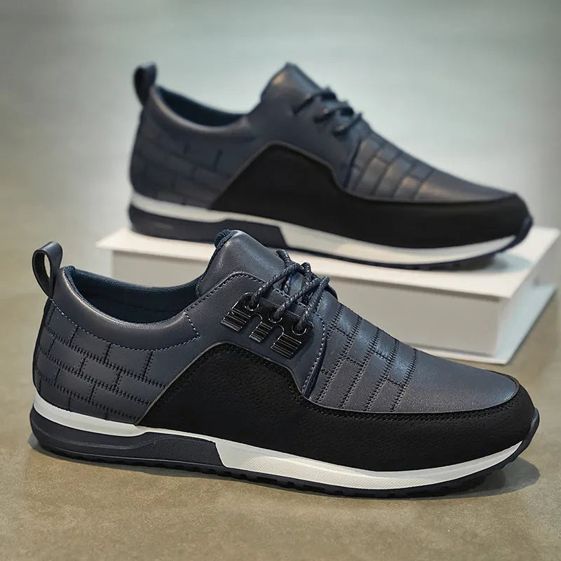 Men's spring casual leather shoes in blue with non-slip rubber sole and front lace-up closure