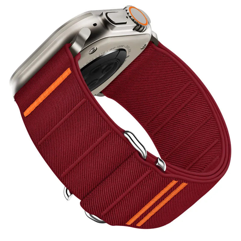 Elastic nylon Apple Watch band with stainless steel buckle shown in multiple colour options