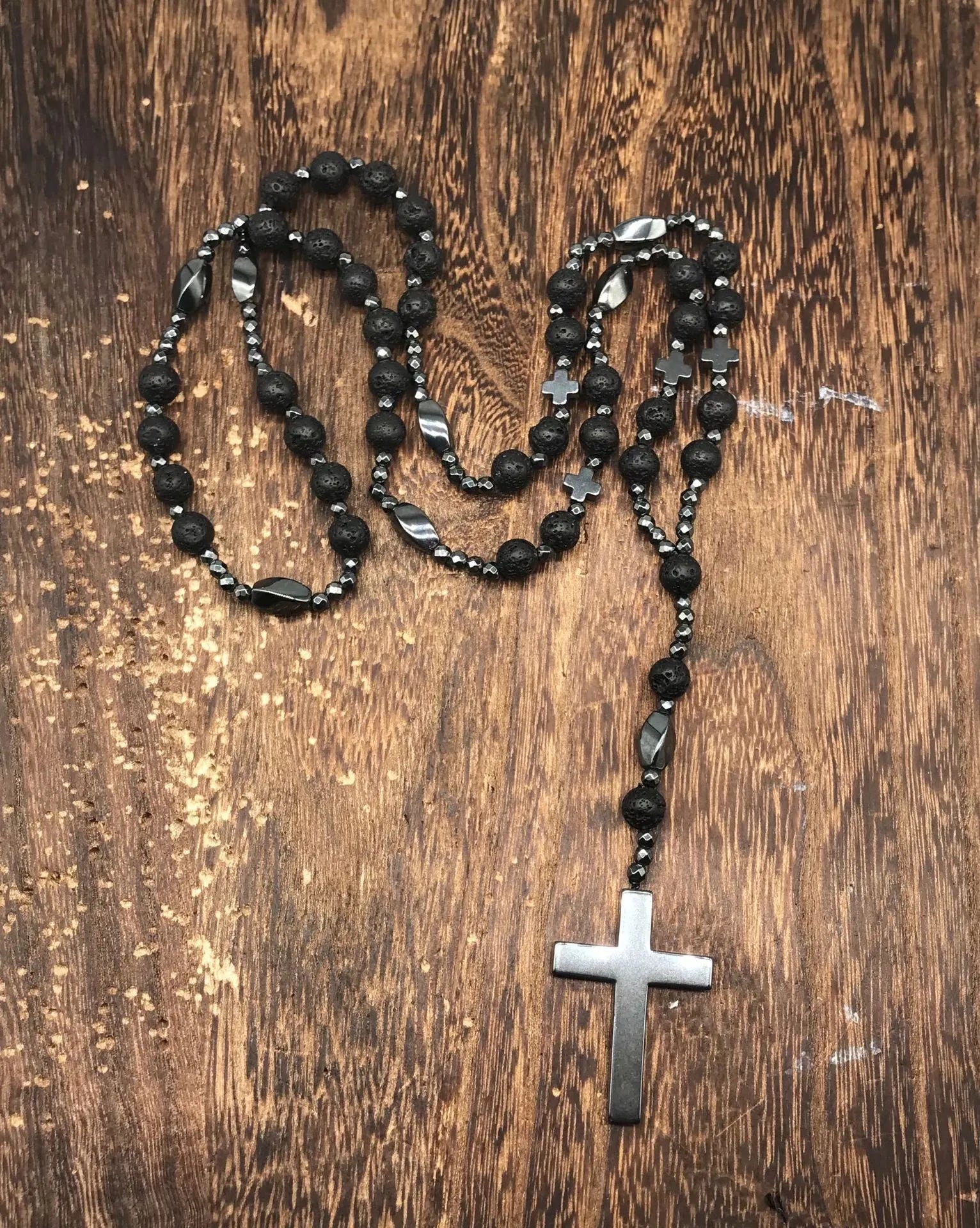 Men's stone geometric cross pendant on an 80cm ball bead chain with safety lock.