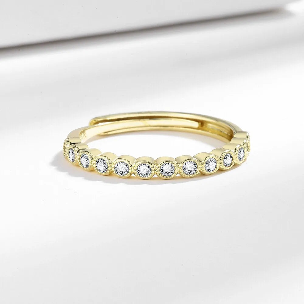 Simple geometric Korean style adjustable open mouth ring with diamond tail detail in white gold or yellow gold colour