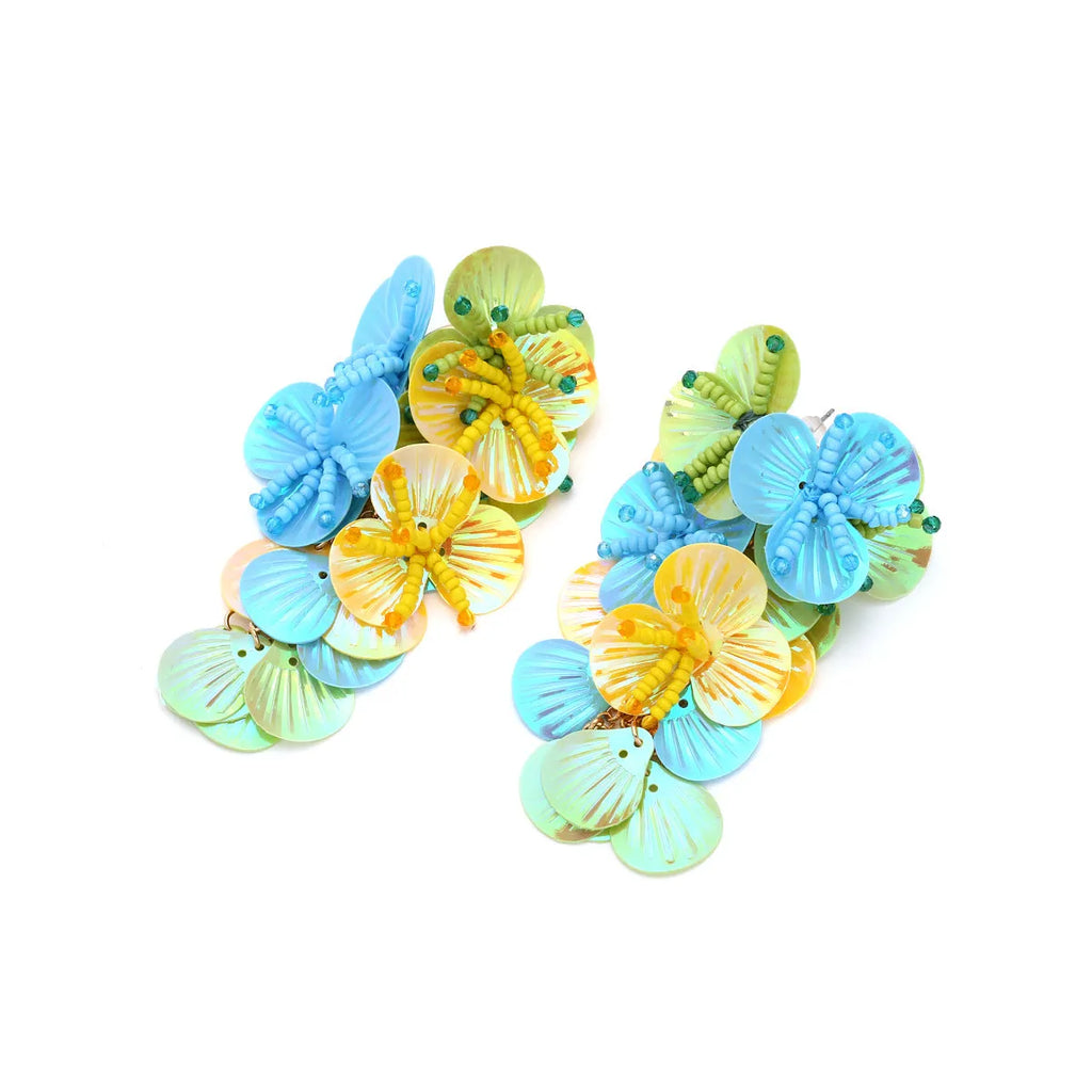 Handmade string bead flower earrings in colourful, purple, and rose colours with European American exaggerated style