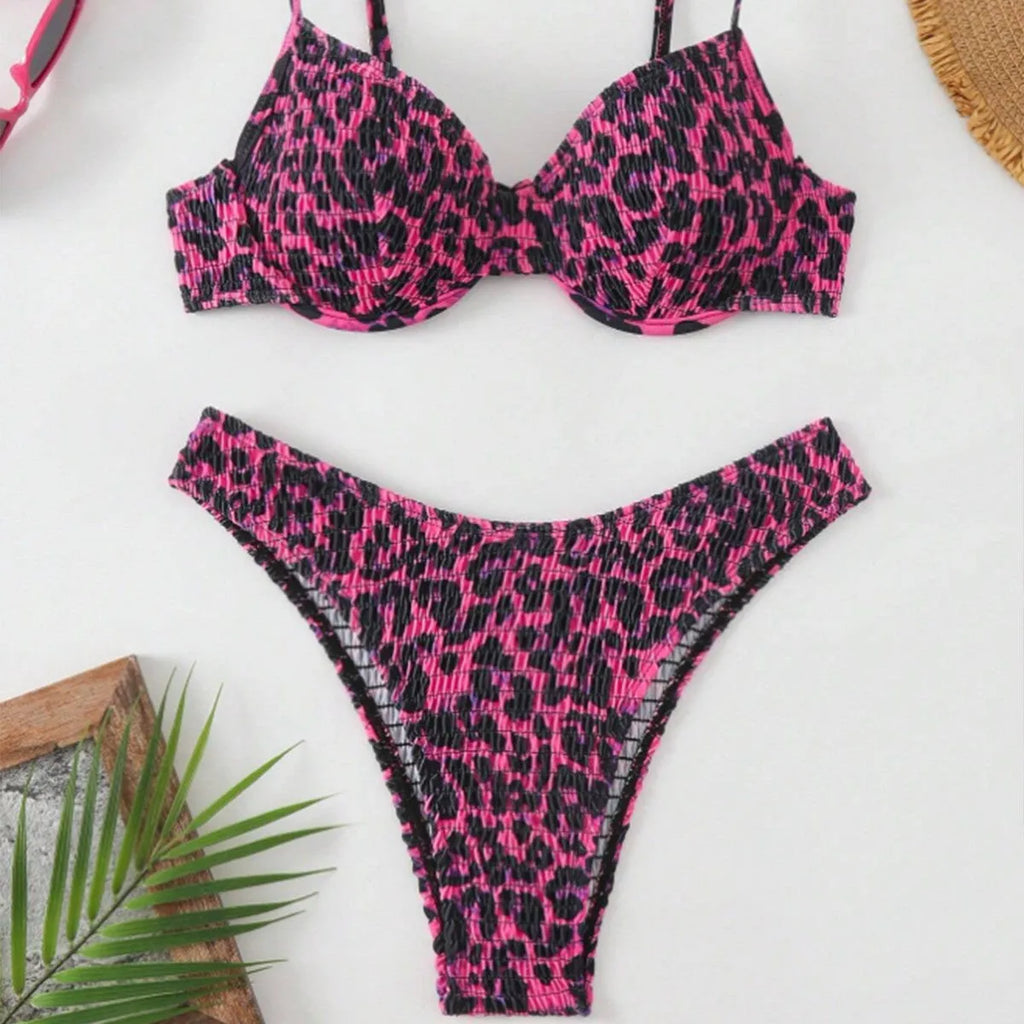 Brown leopard print backless bikini swimsuit for women laid flat.
