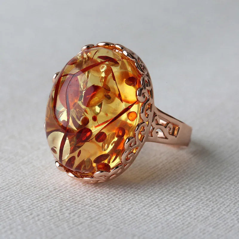 Beeswax Amber Ring in New Amber Type A colour on alloy base, ethnic retro style.