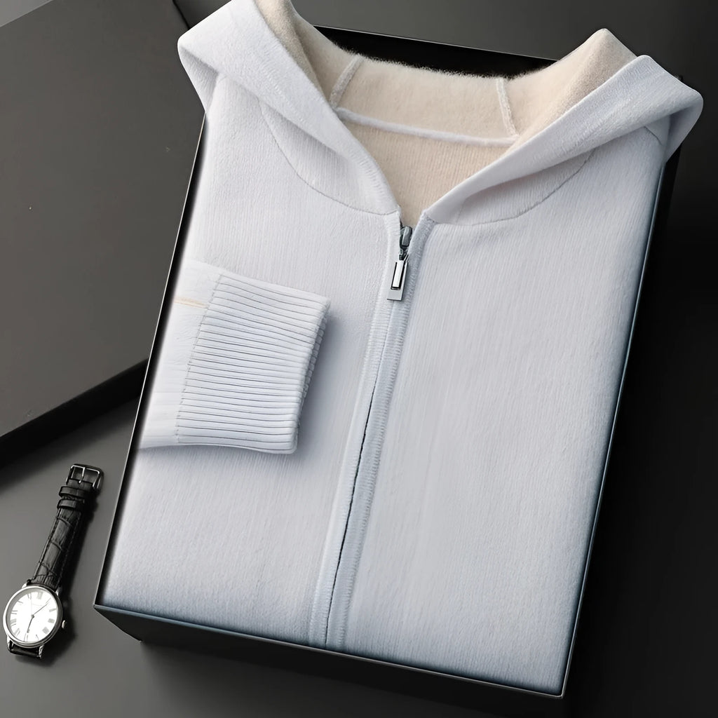 Men's dark blue cashmere cardigan with half-high collar and zip front