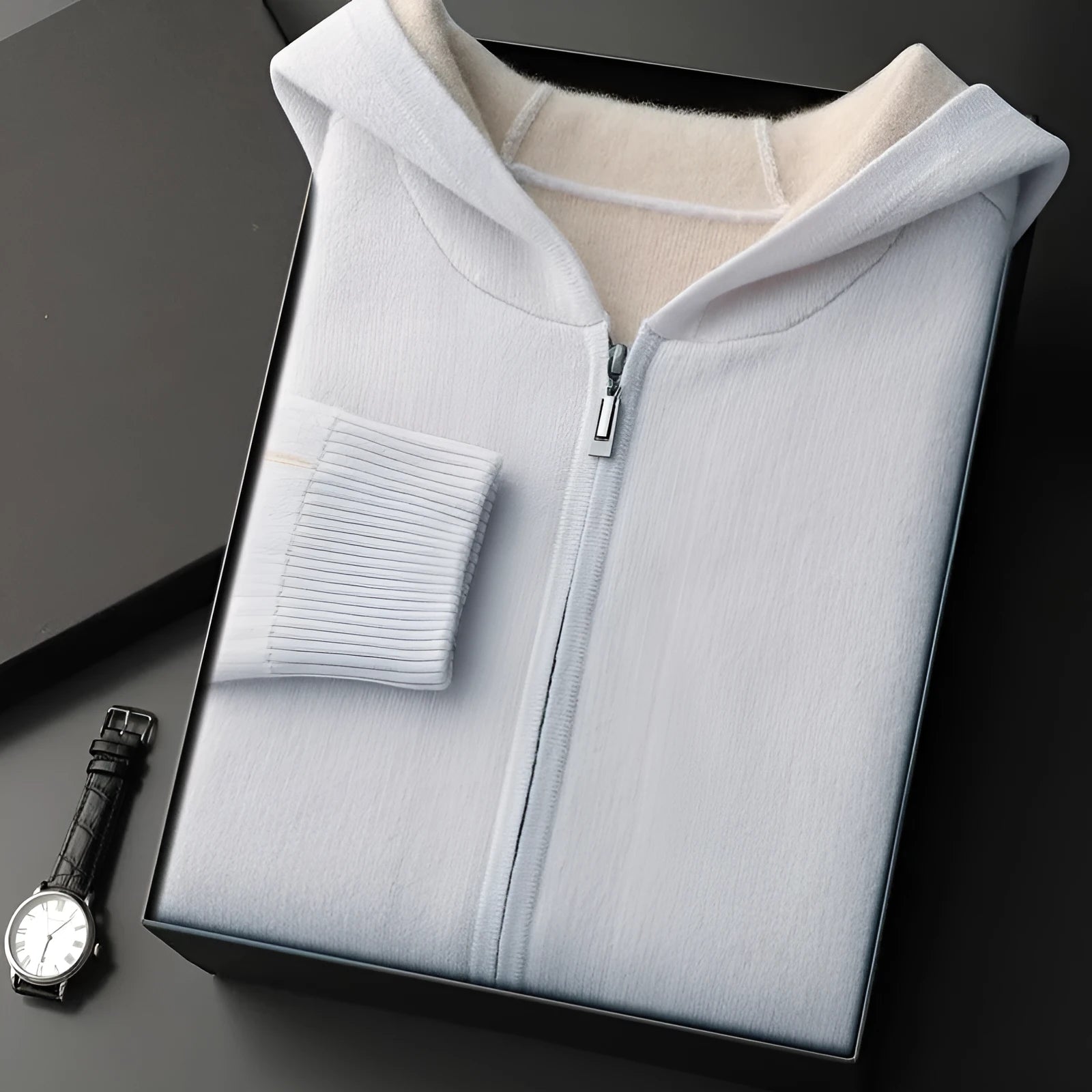 Men's dark blue cashmere cardigan with half-high collar and zip front