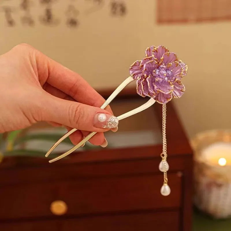 Purple peony flower and tassel decoration on U-shaped alloy hairpin