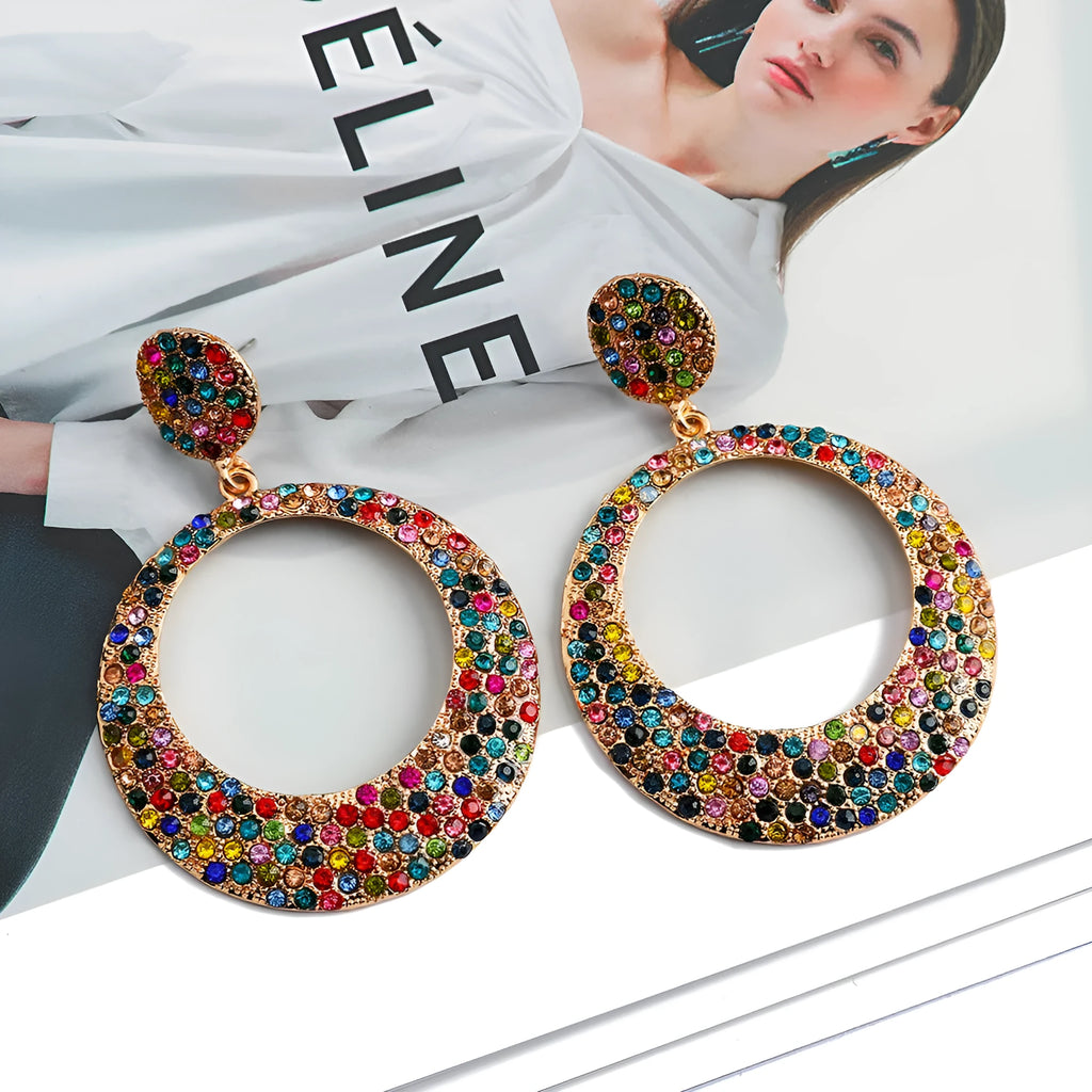 Large round pendant earrings with colourful diamond decoration in cartoon style design