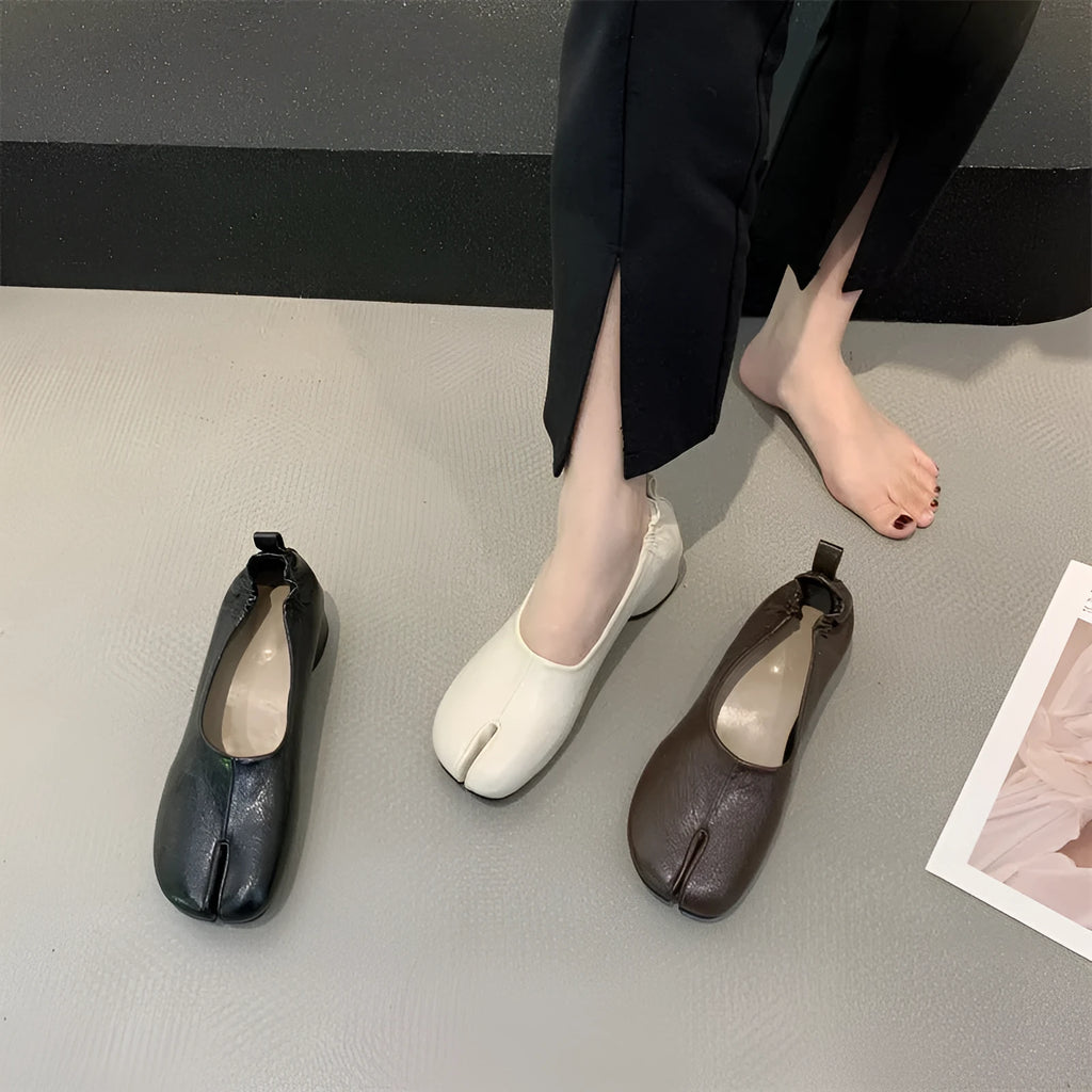 Women's split toe chunky heel pumps in black, apricot or brown with low heel and round toe