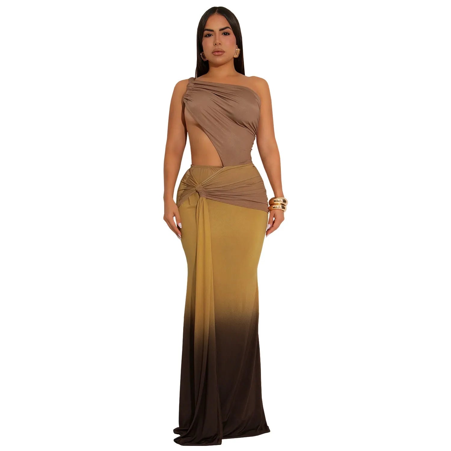 Women's gradient colour cross-shoulder sleeveless dress with a high waist and long one-step skirt.
