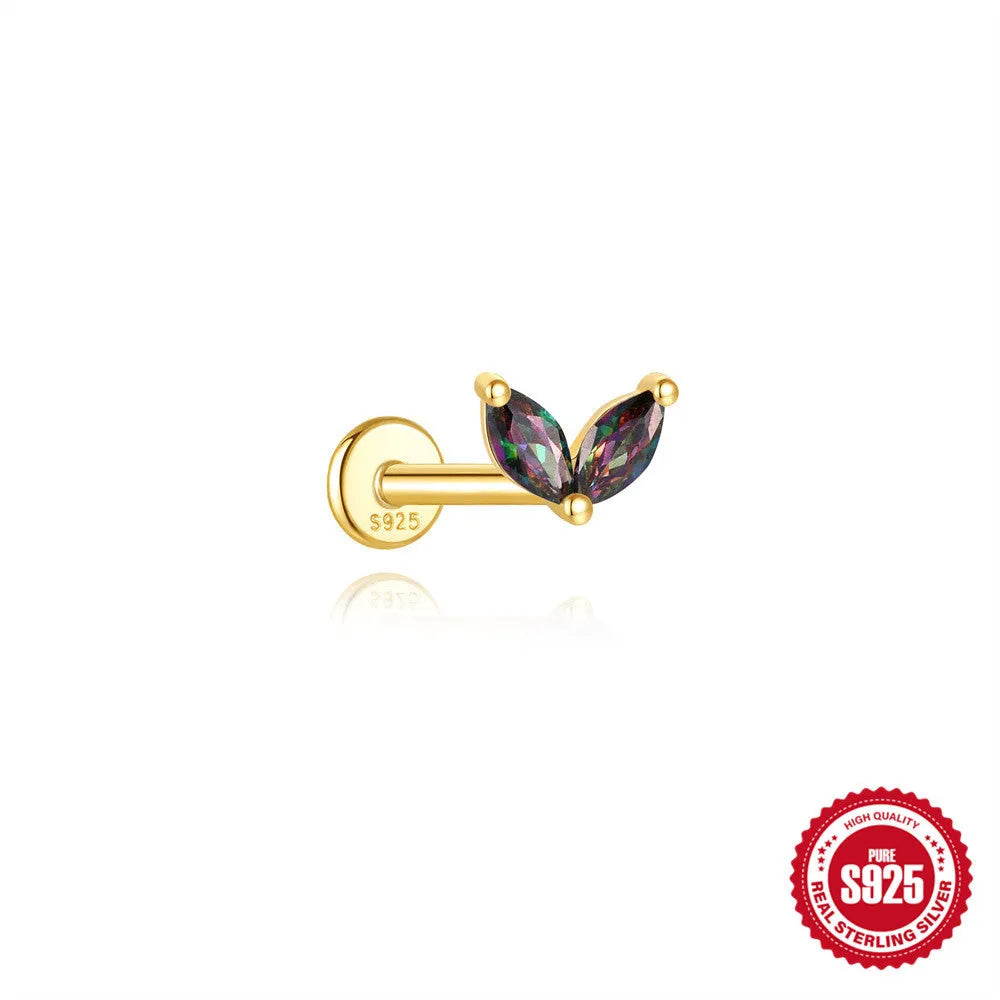 S925 sterling silver flat head thread piercing earring with rainbow stone on geometric setting.