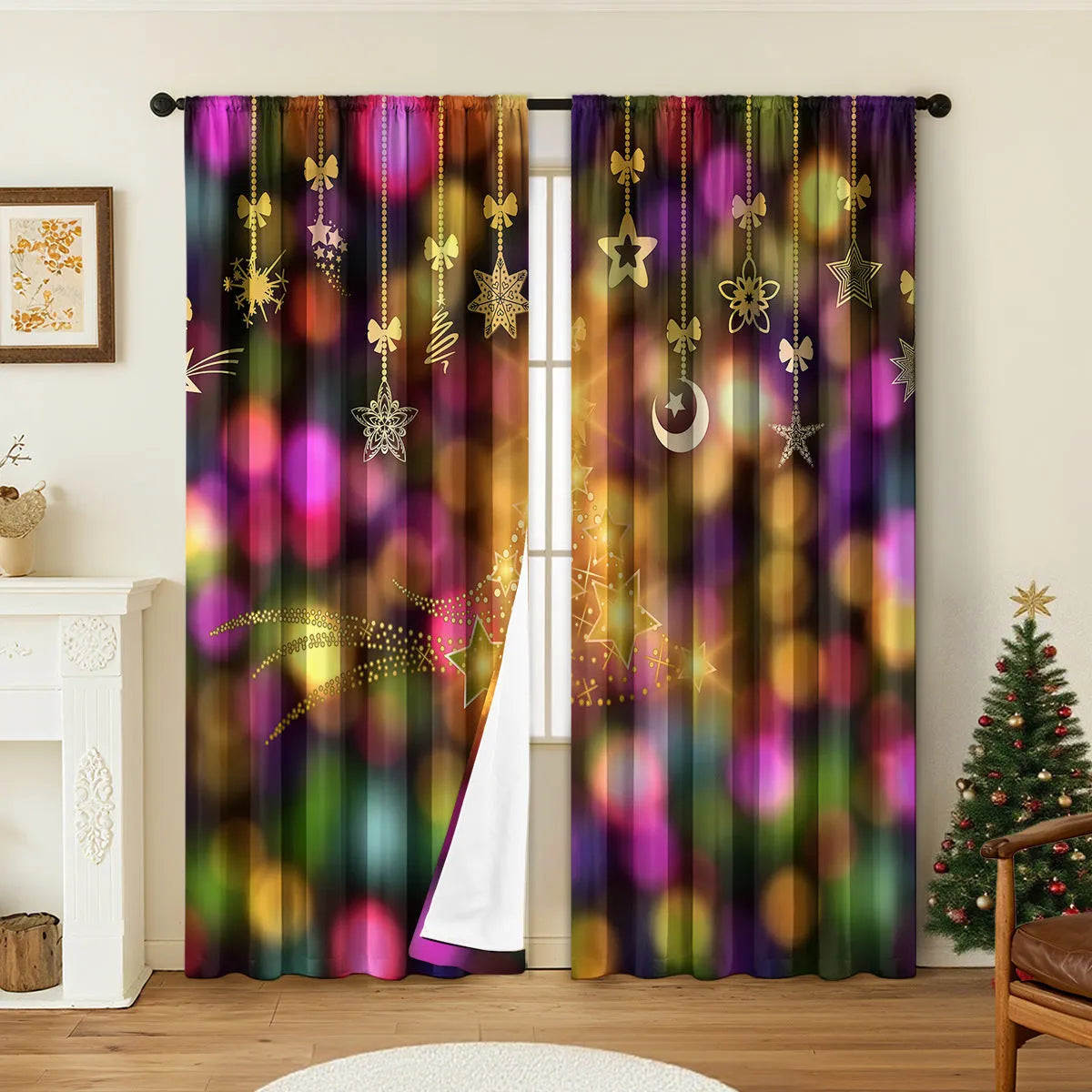 Pair of red and green 3D digitally printed Christmas themed polyester curtains hanging on a window.