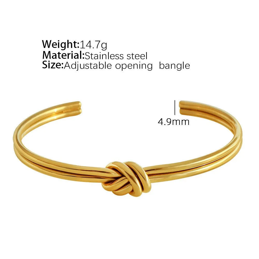 Women's stainless steel bracelet with C-shaped open design and knotted double-layer construction